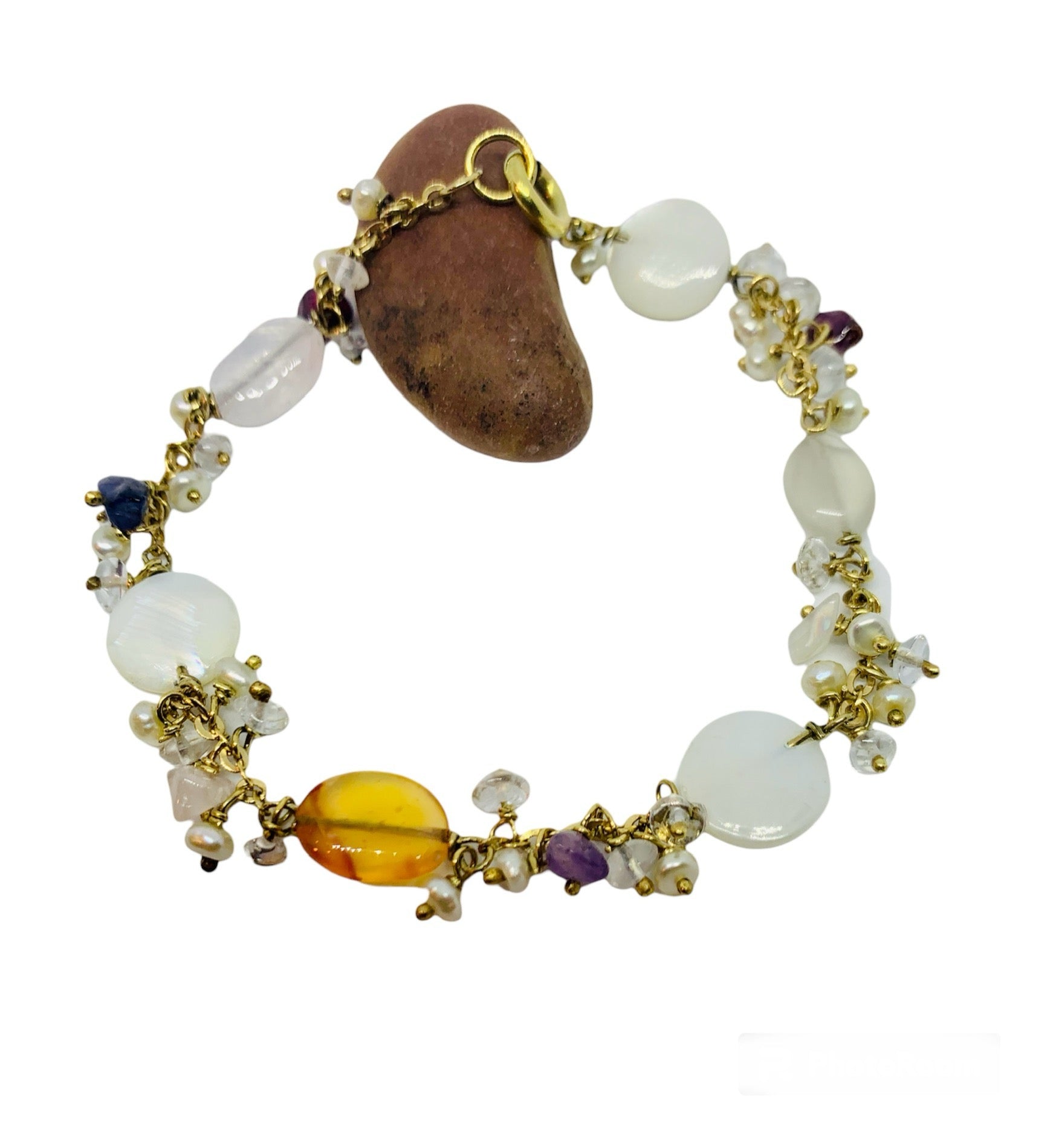 18k YELLOW GOLD PEARL MULTICOLOUR GEMSTONE Bracelet