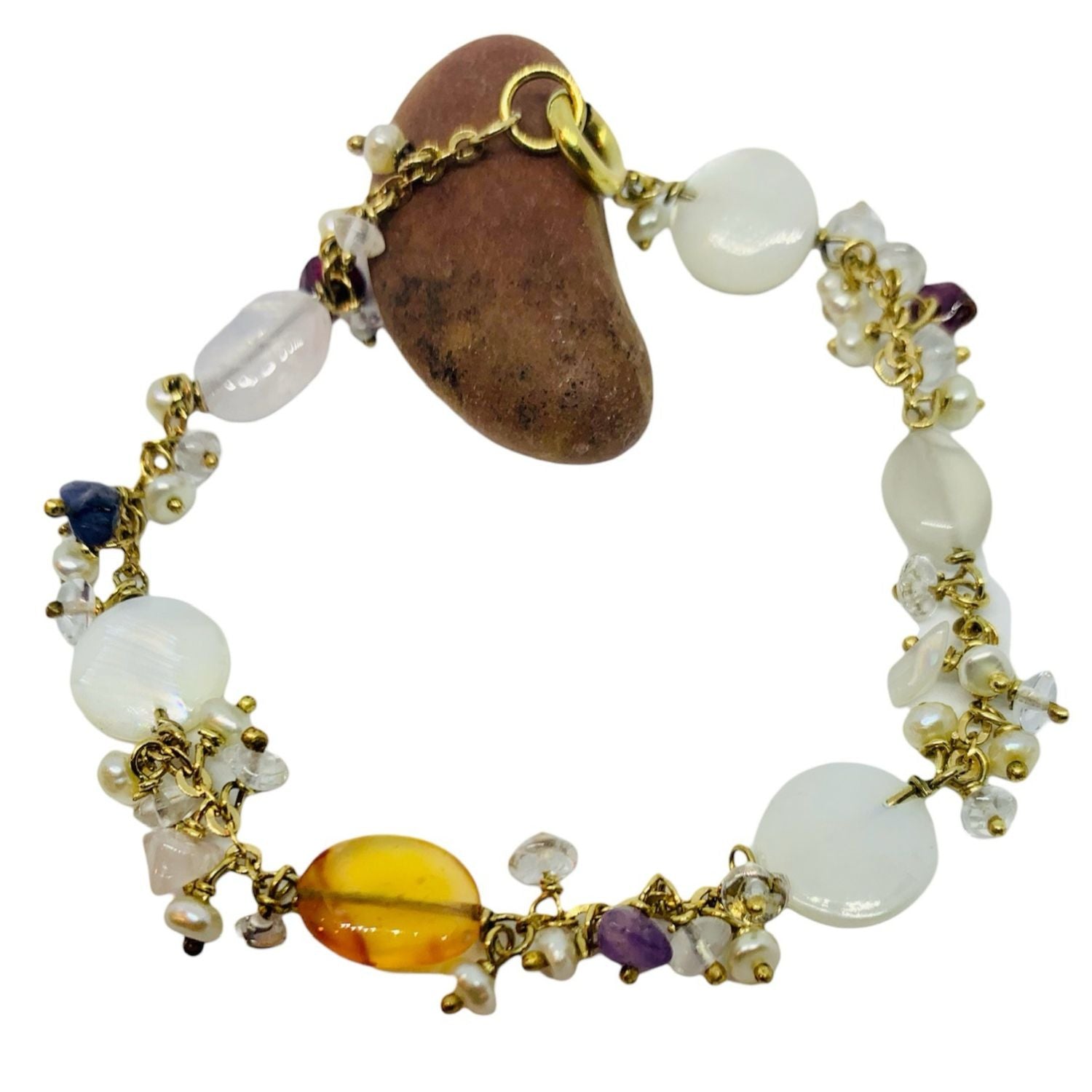 18k YELLOW GOLD PEARL MULTICOLOUR GEMSTONE Bracelet