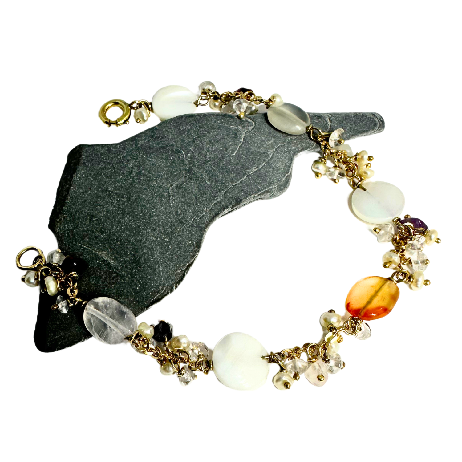 18k YELLOW GOLD PEARL MULTICOLOUR GEMSTONE Bracelet