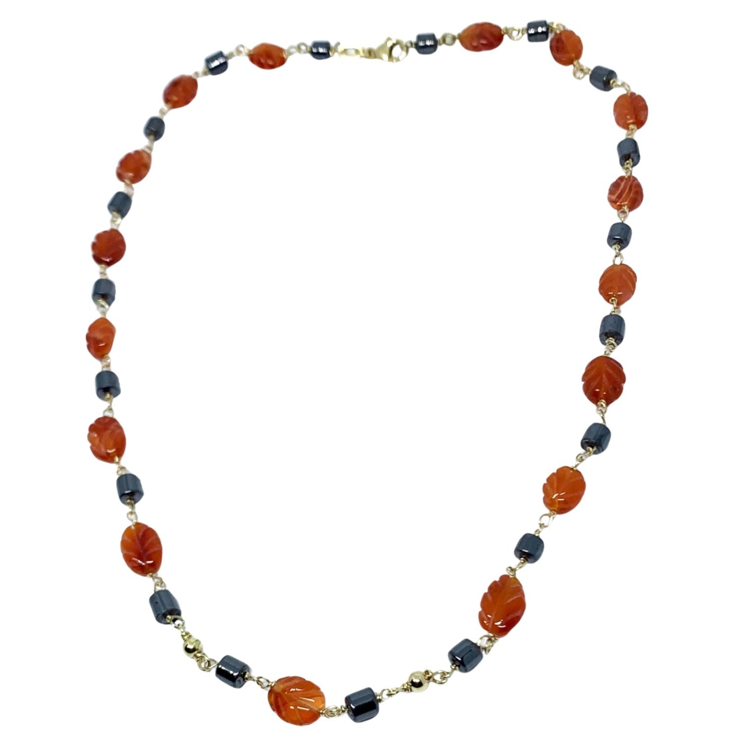 Carnelian Leaf And Hematite Beads In 18K Yellow Gold