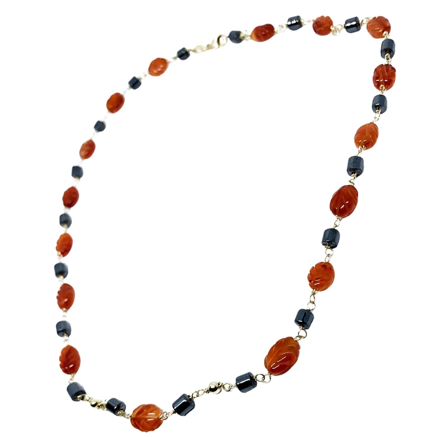 Carnelian Leaf And Hematite Beads In 18K Yellow Gold