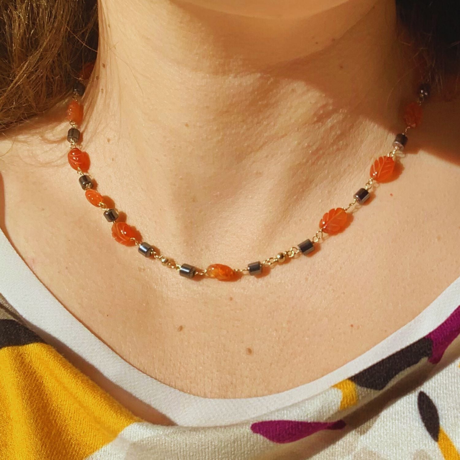 Carnelian Leaf And Hematite Beads In 18K Yellow Gold